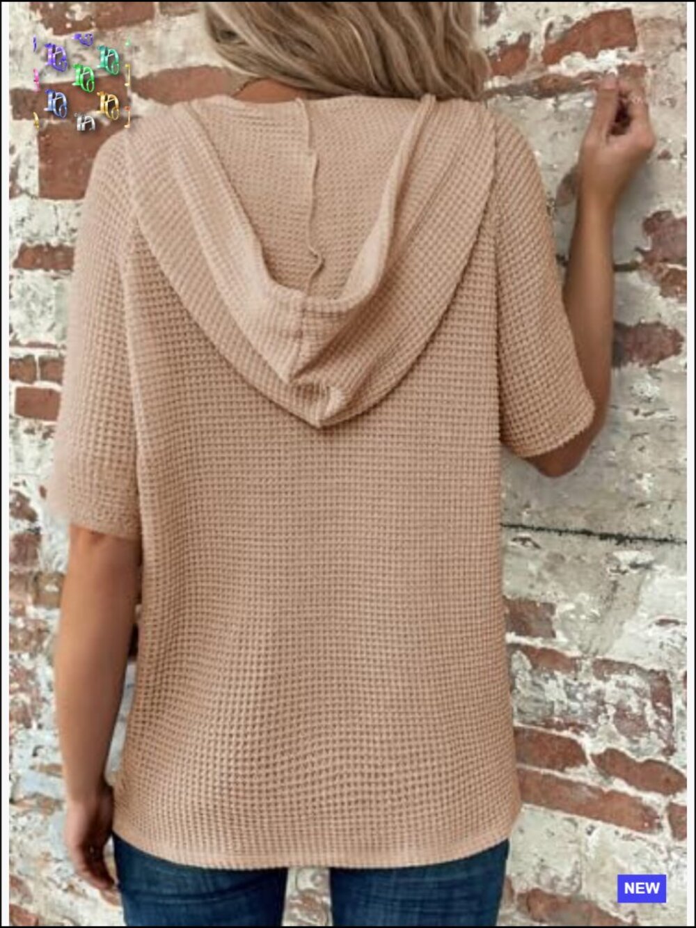 Waffle Knit Short Sleeve Hoodie Casual Button V Neck Lightweight Blouse - Picture 2 of 7
